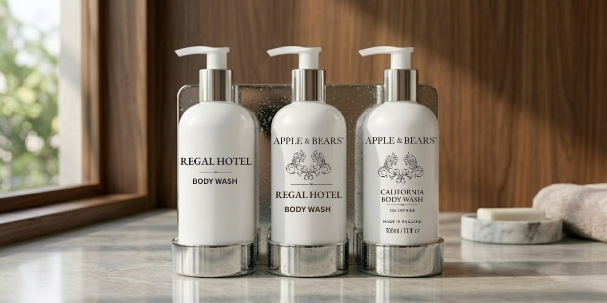 Hotel bathroom amenity bottles showing hotel-branded, co-branded and APPLE & BEARS-branded presentation