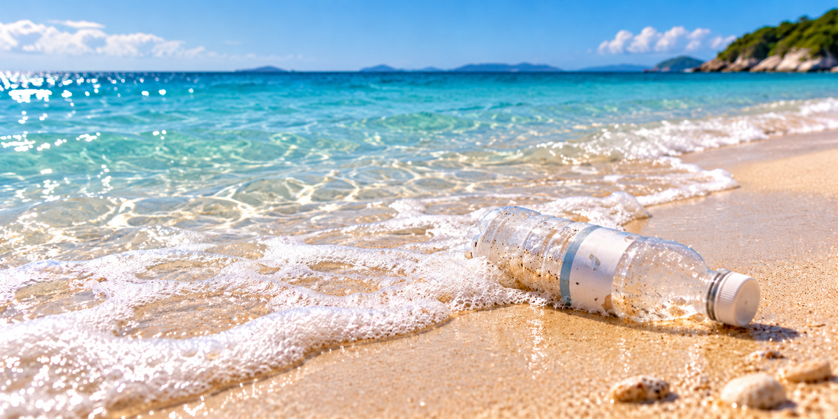 Plastic bottle with an unbranded label washing ashore on a pristine tropical beach, illustrating how ocean plastic can travel and reach distant coastlines.