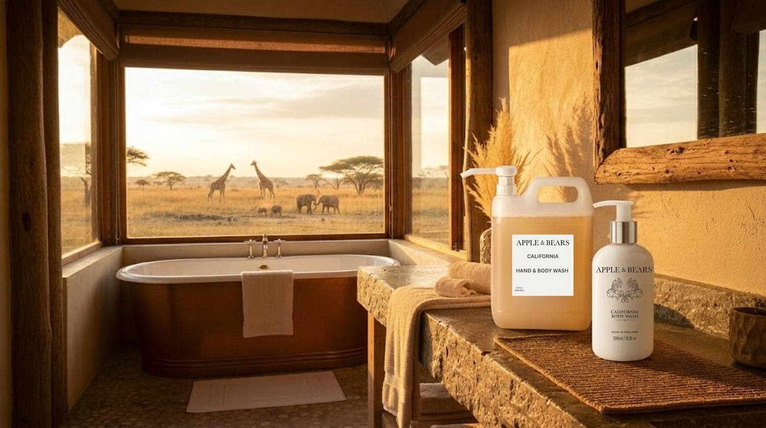 APPLE & BEARS California 5 litre hand and body wash refill in a luxury safari lodge bathroom, premium hospitality toiletry solutions for hotels and wellness retreats