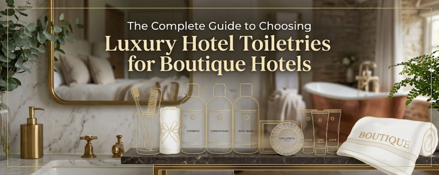 Luxury hotel toiletries arranged on a marble bathroom counter, including shampoo, conditioner, body wash and hand cream, for boutique hotel guest bathrooms