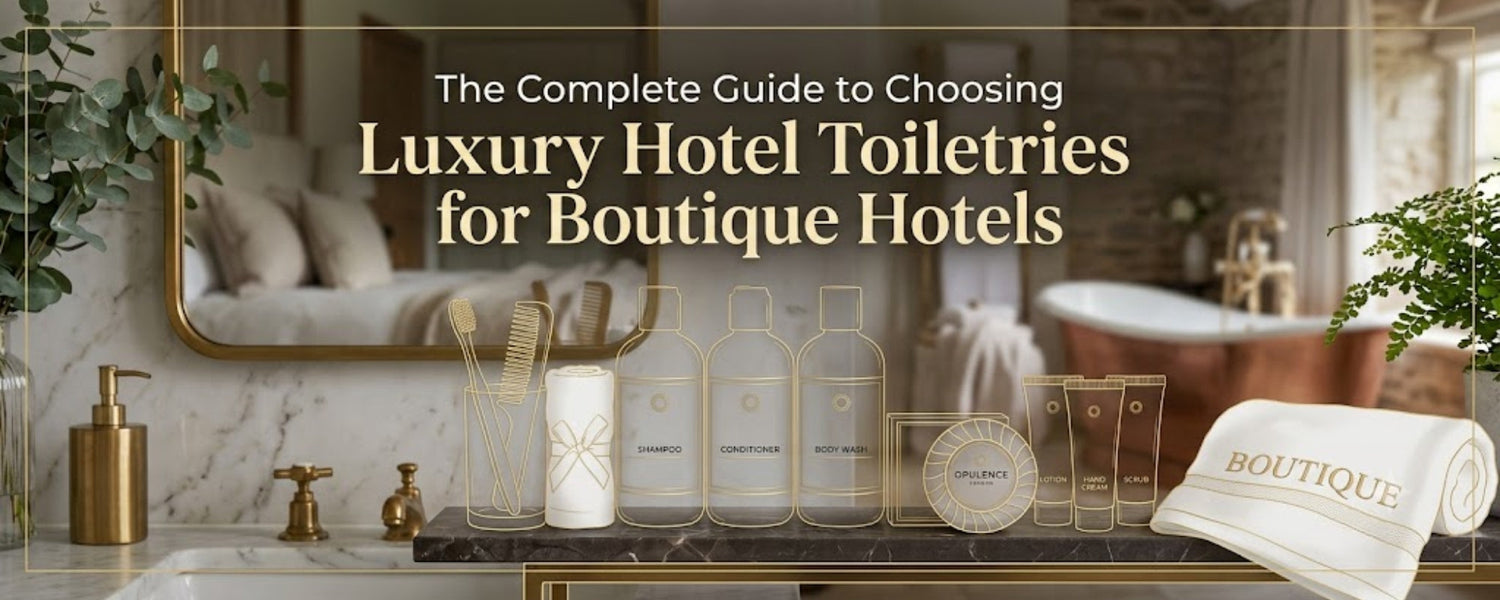 Luxury hotel toiletries arranged on a marble bathroom counter, including shampoo, conditioner, body wash and hand cream, for boutique hotel guest bathrooms
