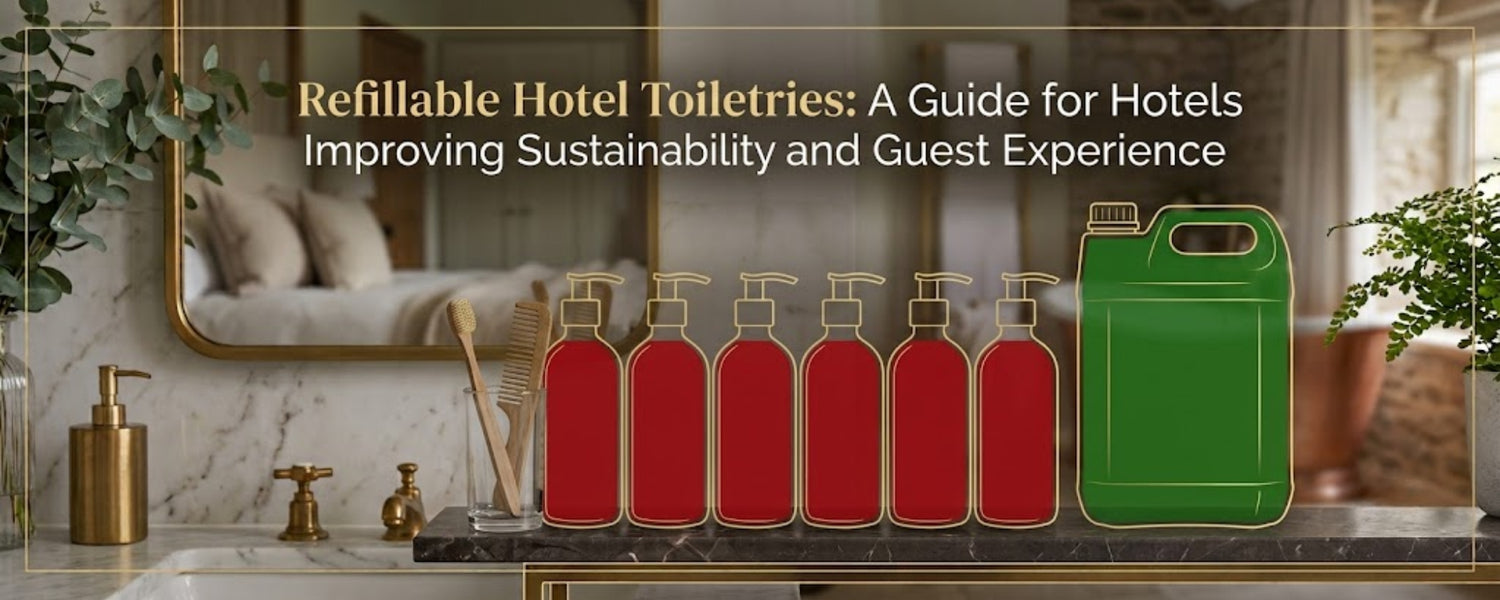 Refillable hotel toiletries in a luxury boutique hotel bathroom