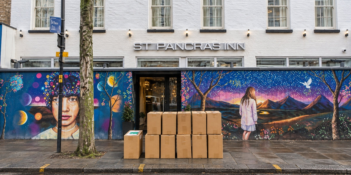 Editorial image showing an APPLE & BEARS hospitality delivery outside St Pancras Inn, London.